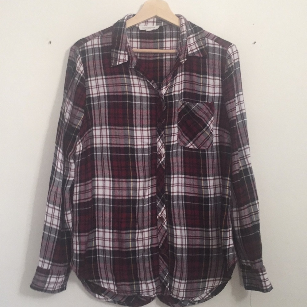 Plaid button down shirt with back button detail